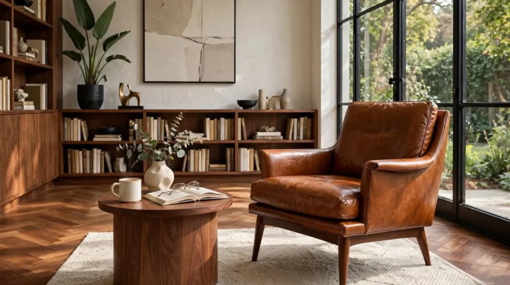Luxury leather accent chair styled in a modern home office with walnut furniture and natural lighting.