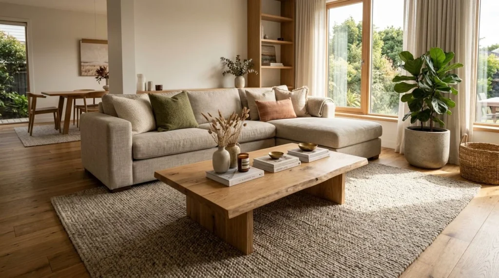 Large area rug defining a stylish modern living room layout.