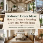 Bedroom decor ideas collage featuring modern, cozy, and stylish bedroom designs with furniture, lighting, and wall decor.