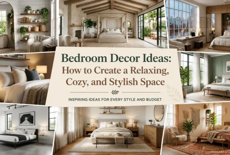Bedroom decor ideas collage featuring modern, cozy, and stylish bedroom designs with furniture, lighting, and wall decor.