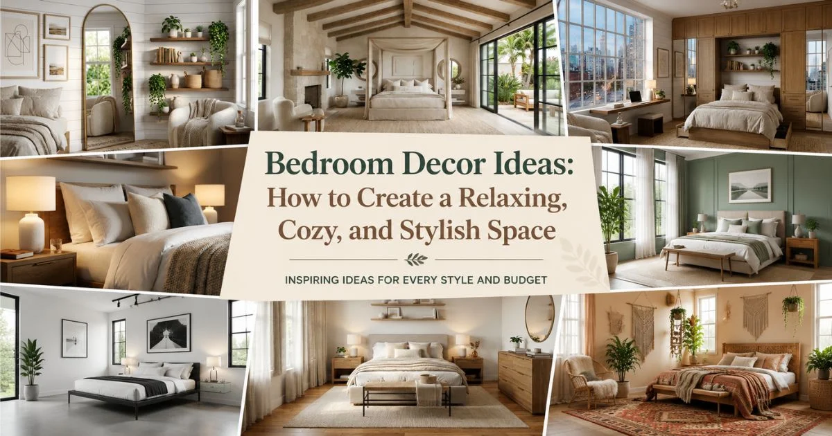 Bedroom decor ideas collage featuring modern, cozy, and stylish bedroom designs with furniture, lighting, and wall decor.