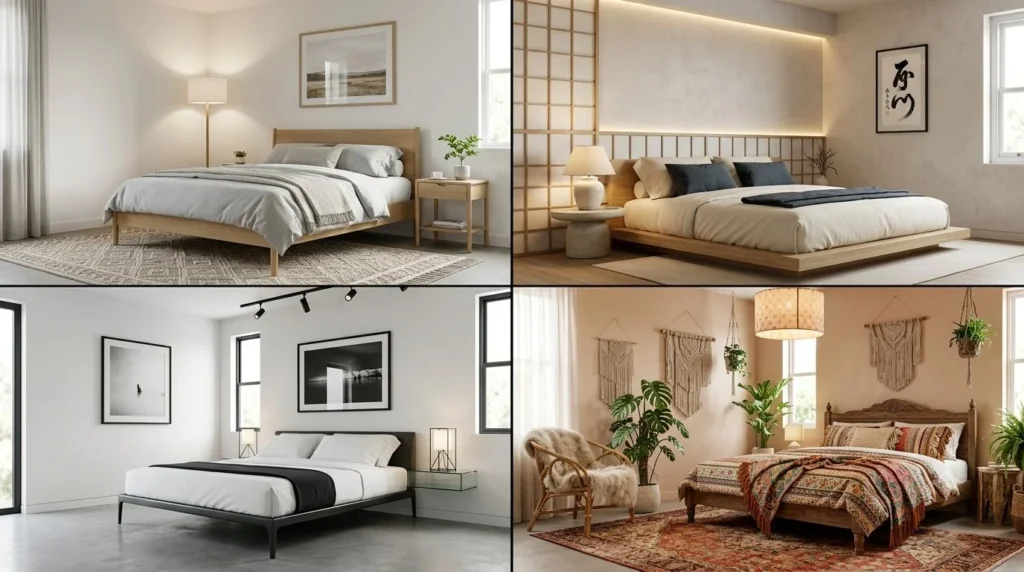 Popular bedroom decor styles include Scandinavian, Japandi, modern, and boho bedroom designs.
