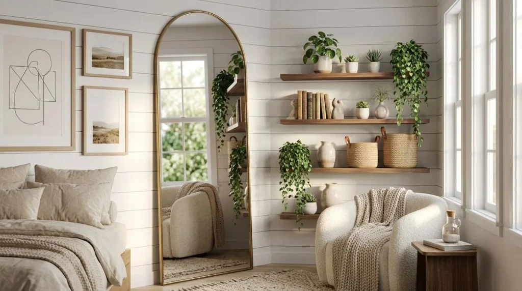 Bedroom wall decor ideas with artwork, floating shelves, mirrors, and decorative accessories.