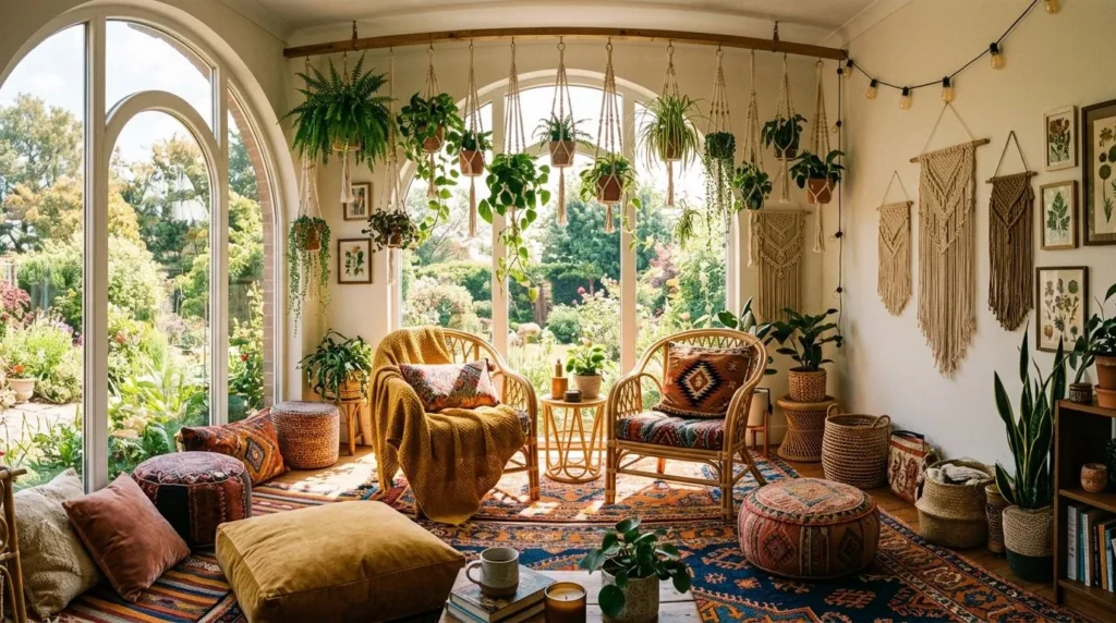 Bohemian sunroom featuring colorful textiles, indoor plants, and eclectic decor.