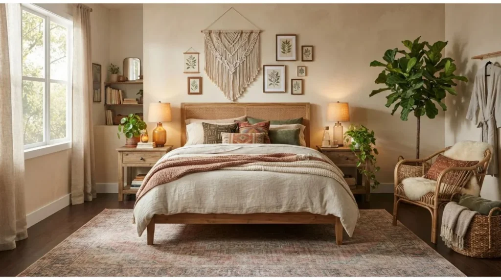 Bohemian bedroom with earthy colors, plants, layered textiles, and cozy decor