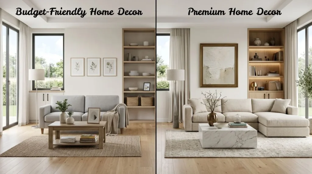 Comparison between budget-friendly and premium home decor ideas.