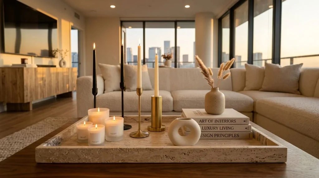 Elegant scented candles and decorative candle holders creating a warm and cozy home atmosphere.