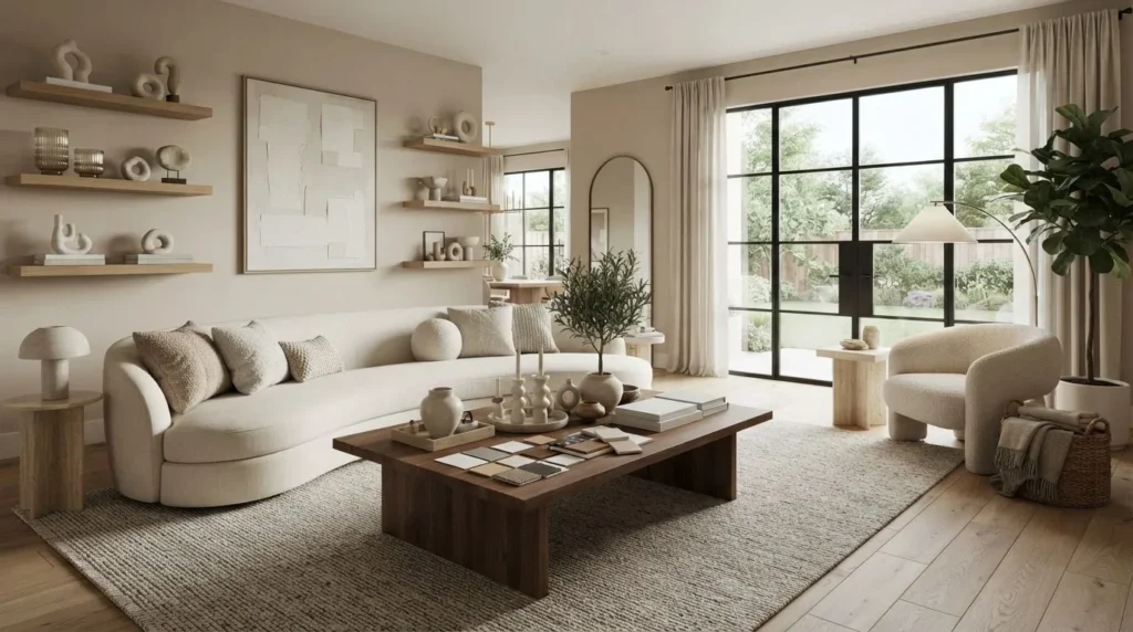How to choose home decor items for a modern living room with neutral furniture, natural textures, and coordinated decorative accessories