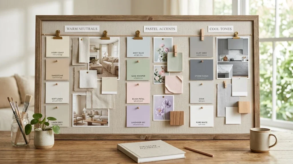 Home interior color palette with neutral and pastel shades for modern decoration.