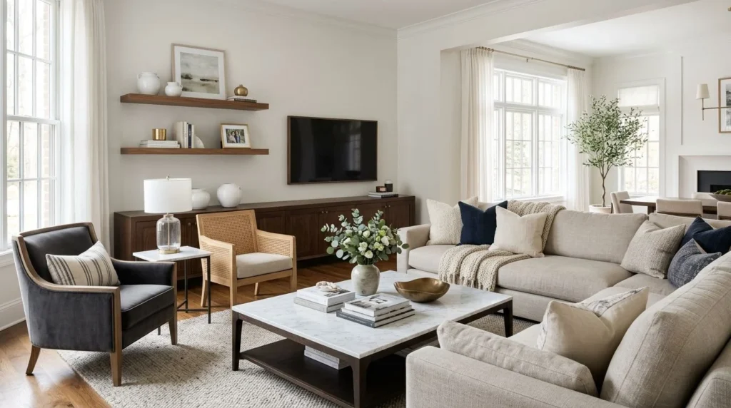Living room furniture arrangement with modern room decoration ideas.