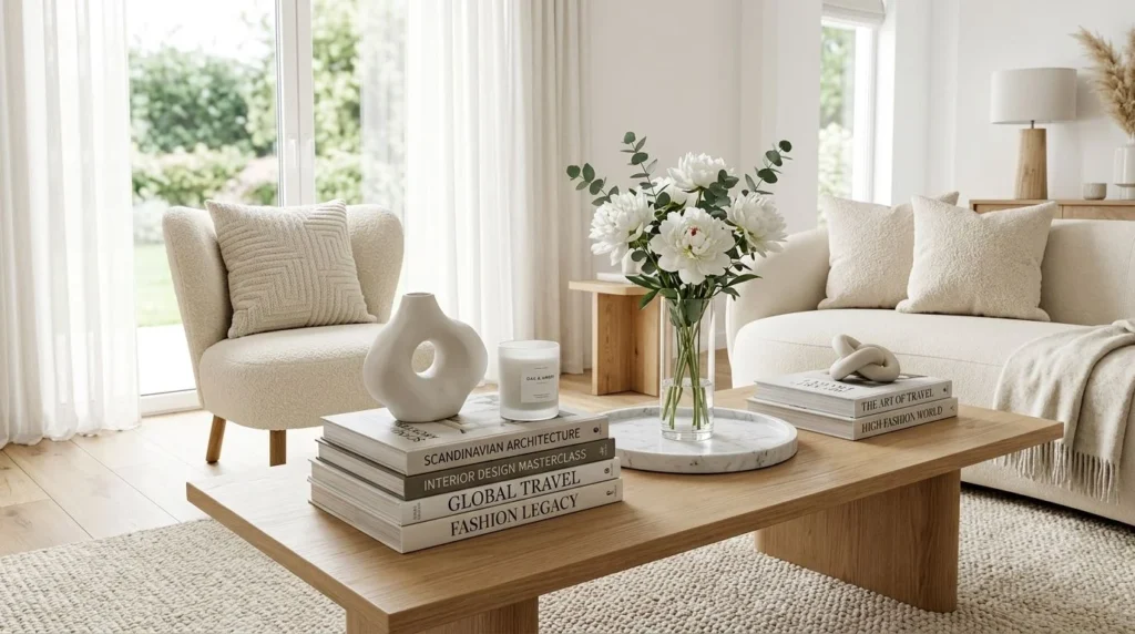 Luxury coffee table books styled with candles, flowers, and decorative accessories in a modern living room.