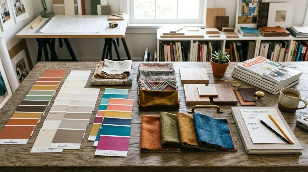 Home decor color palette samples with paint cards and fabric swatches.