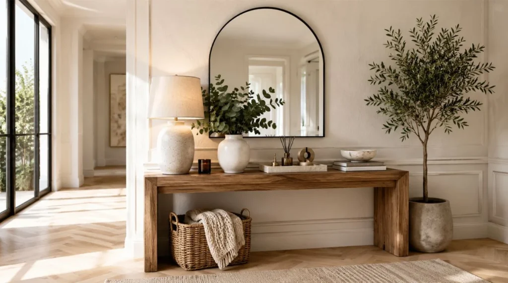 Luxury oak console table styled with a decorative mirror, table lamp, indoor plant, candles, and decorative accessories in a modern entryway.