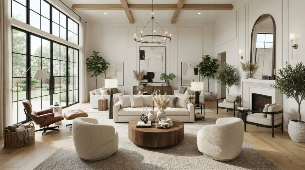 Large luxury living room decorated with layered rugs, oversized artwork, statement lighting, conversation seating areas, and indoor plants for a warm, balanced design.