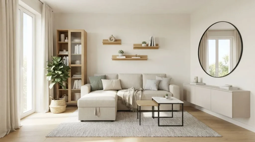 Small space home decor ideas with multifunctional furniture, floating shelves, mirrors, indoor plants, and storage solutions for compact apartments