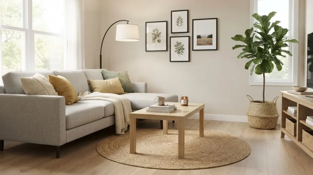 Budget-friendly home decor ideas featuring affordable furniture, decorative accessories, indoor plants, throw pillows, and stylish living room decor