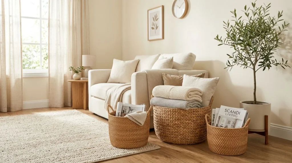Decorative woven storage baskets organizing blankets and magazines in a modern living room.