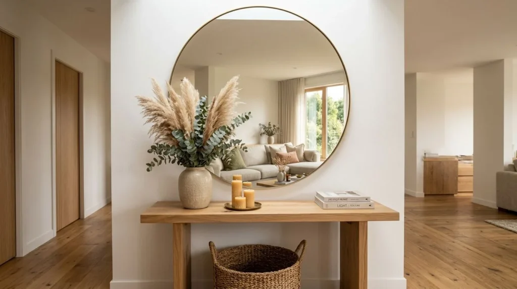 Decorative mirror creating a bright and elegant entryway.