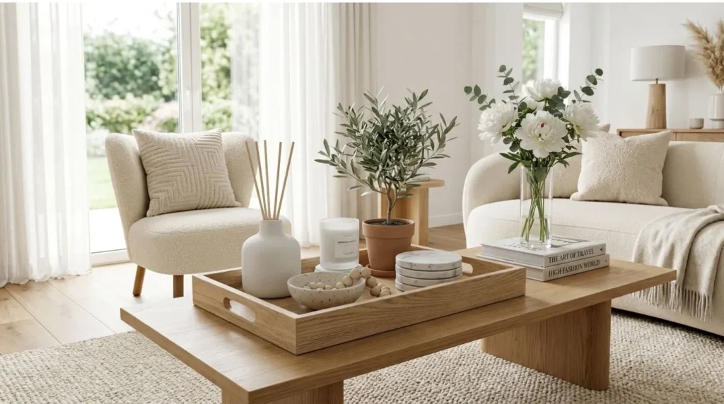 Wooden decorative tray organizing stylish home accessories on a modern coffee table.