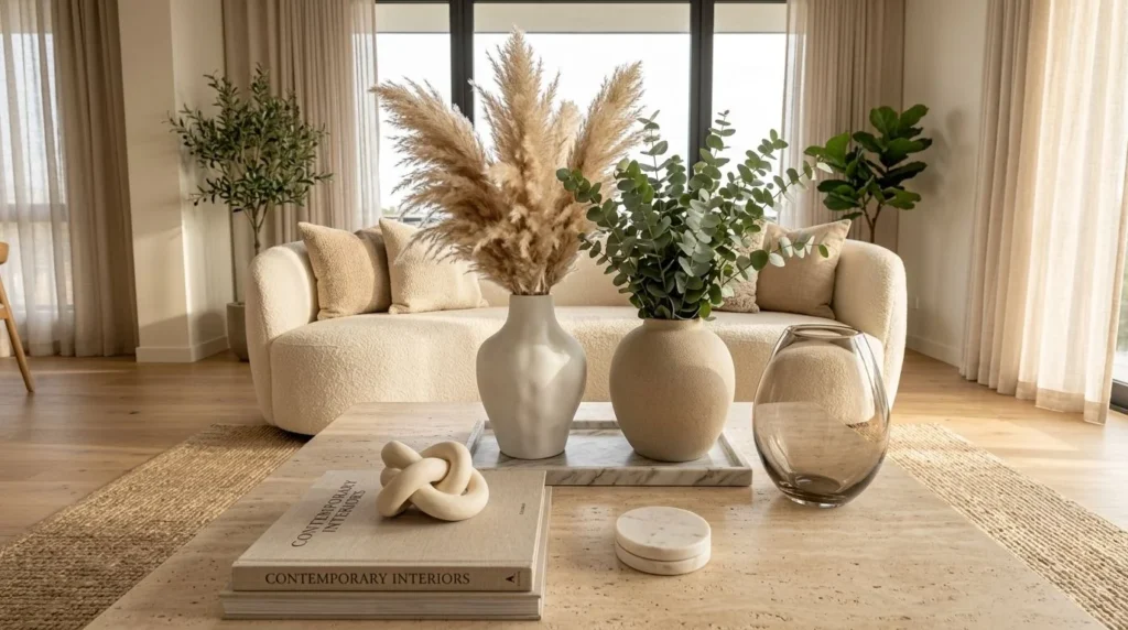Decorative ceramic and glass vases styled beautifully on a modern coffee table in a luxury living room.