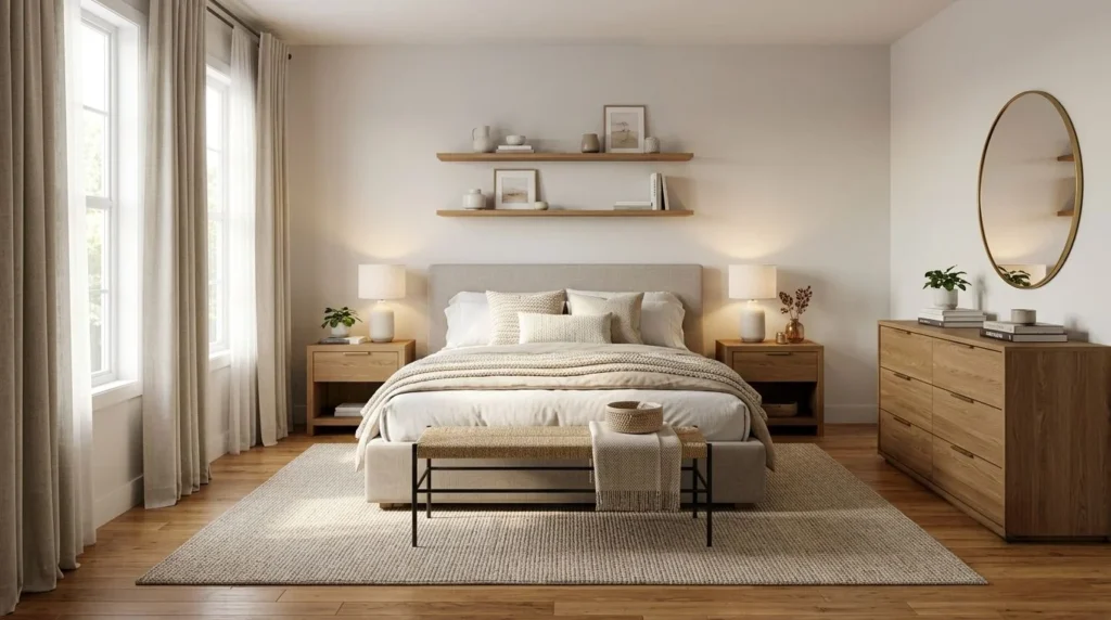 Essential bedroom furniture, including an upholstered bed, dresser, nightstands, and storage bench.