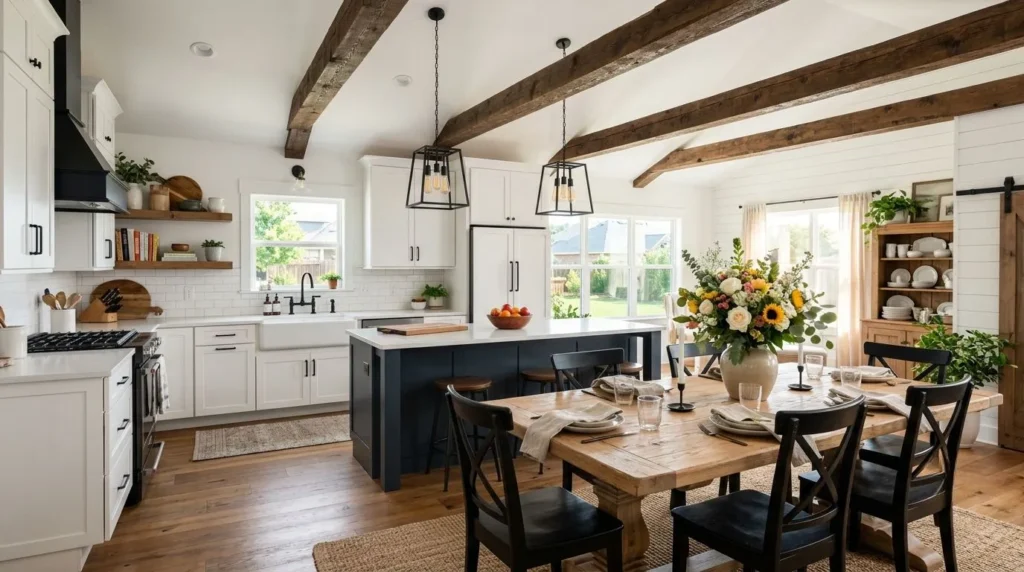 Modern farmhouse kitchen with rustic wood beams and white cabinets.
