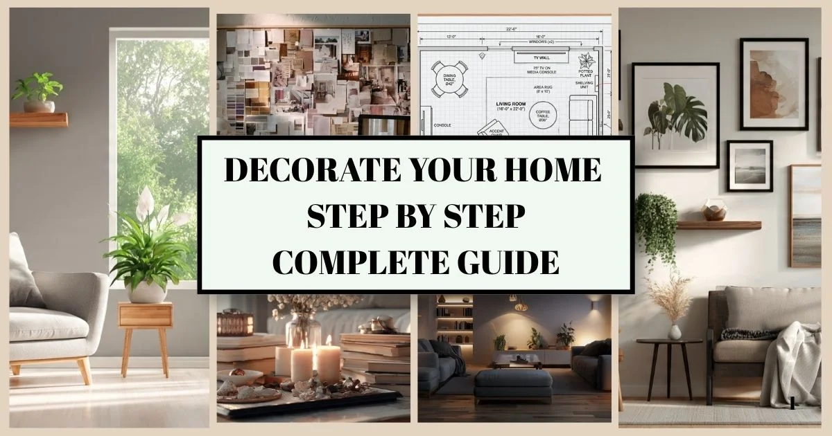 Modern home decor collage with interior design ideas and a step-by-step home decorating guide.