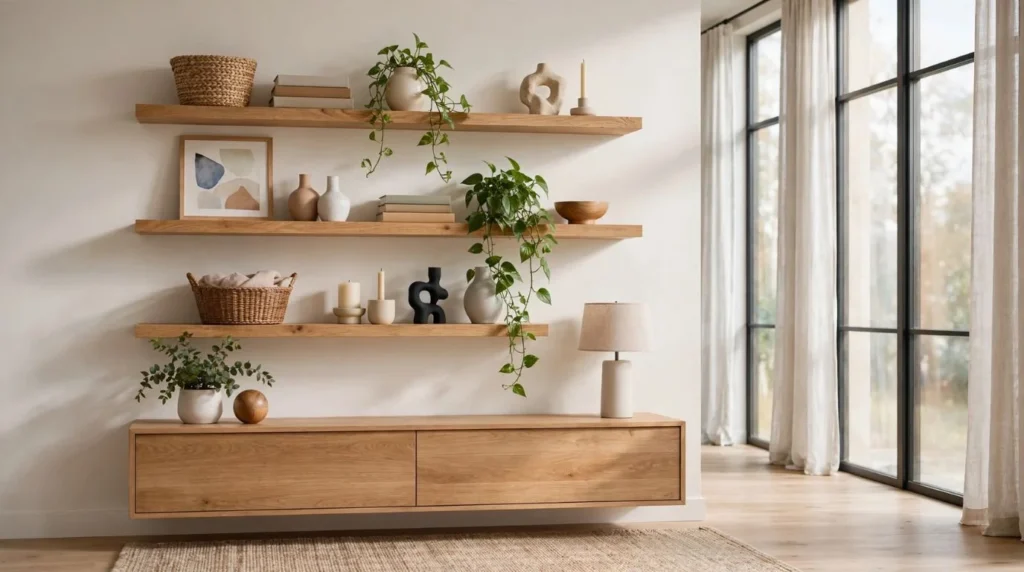 Modern floating wooden shelves displaying books, plants, artwork, and decorative accessories.