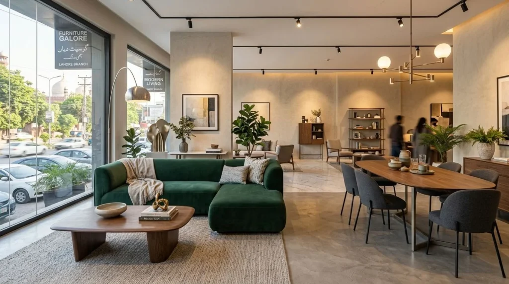 Modern furniture showroom with stylish sofa and wooden interior decor setup.