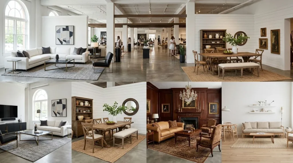 Furniture showroom displaying different interior design styles and furniture collections.