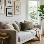Modern neutral living room featuring a light gray couch with earth-toned throw pillows, framed gallery wall art, a fiddle-leaf fig tree, and a wooden side table with a lit candle and vase.