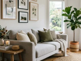 Modern neutral living room featuring a light gray couch with earth-toned throw pillows, framed gallery wall art, a fiddle-leaf fig tree, and a wooden side table with a lit candle and vase.