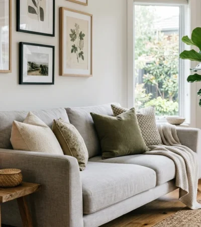 Modern neutral living room featuring a light gray couch with earth-toned throw pillows, framed gallery wall art, a fiddle-leaf fig tree, and a wooden side table with a lit candle and vase.