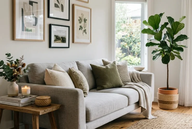 Modern neutral living room featuring a light gray couch with earth-toned throw pillows, framed gallery wall art, a fiddle-leaf fig tree, and a wooden side table with a lit candle and vase.