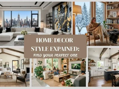 Home decor styles collage featuring modern, Scandinavian, farmhouse, and contemporary interior design ideas for stylish living spaces