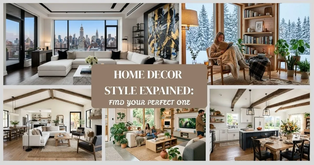 Home decor styles collage featuring modern, Scandinavian, farmhouse, and contemporary interior design ideas for stylish living spaces