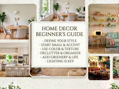 Home decor beginner’s guide showcasing modern interior design ideas for living rooms, kitchens, bedrooms, and dining spaces.