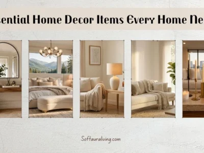 Essential home decor items collage featuring a console table, ottoman, table lamp, throw blanket, and decorative candles in modern neutral interiors.