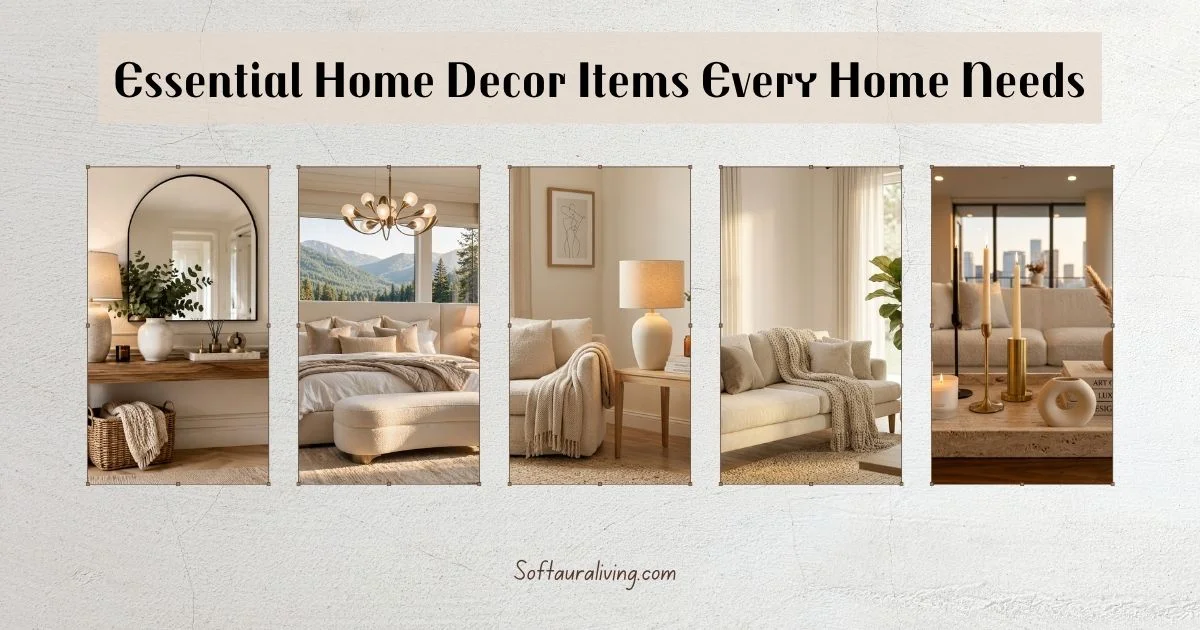 Essential home decor items collage featuring a console table, ottoman, table lamp, throw blanket, and decorative candles in modern neutral interiors.