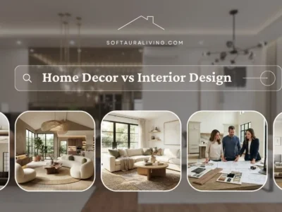Home Decor vs Interior Design comparison featuring modern living room decor, interior design planning, and stylish home interiors.