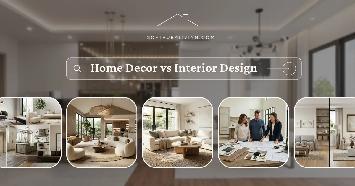 Home Decor vs Interior Design comparison featuring modern living room decor, interior design planning, and stylish home interiors.