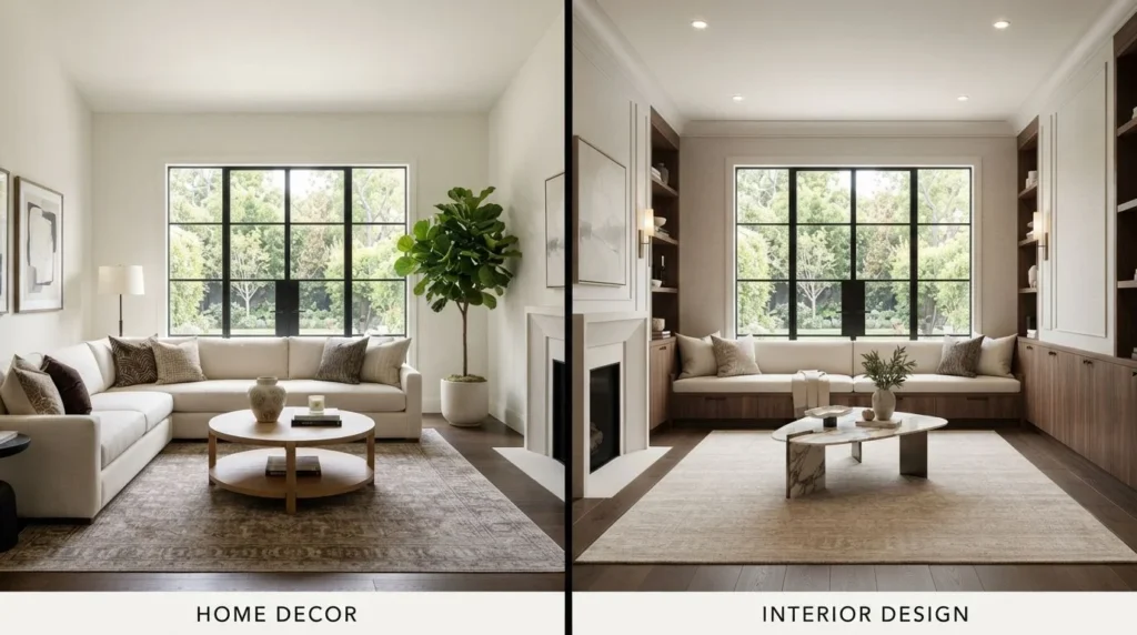 Comparison showing home decor and interior design differences.