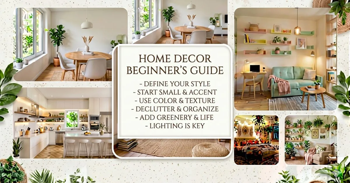Home decor beginner’s guide showcasing modern interior design ideas for living rooms, kitchens, bedrooms, and dining spaces.
