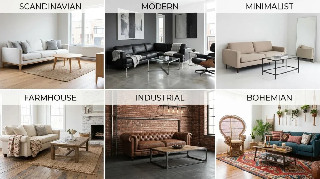 Popular interior design styles for modern room decoration ideas.