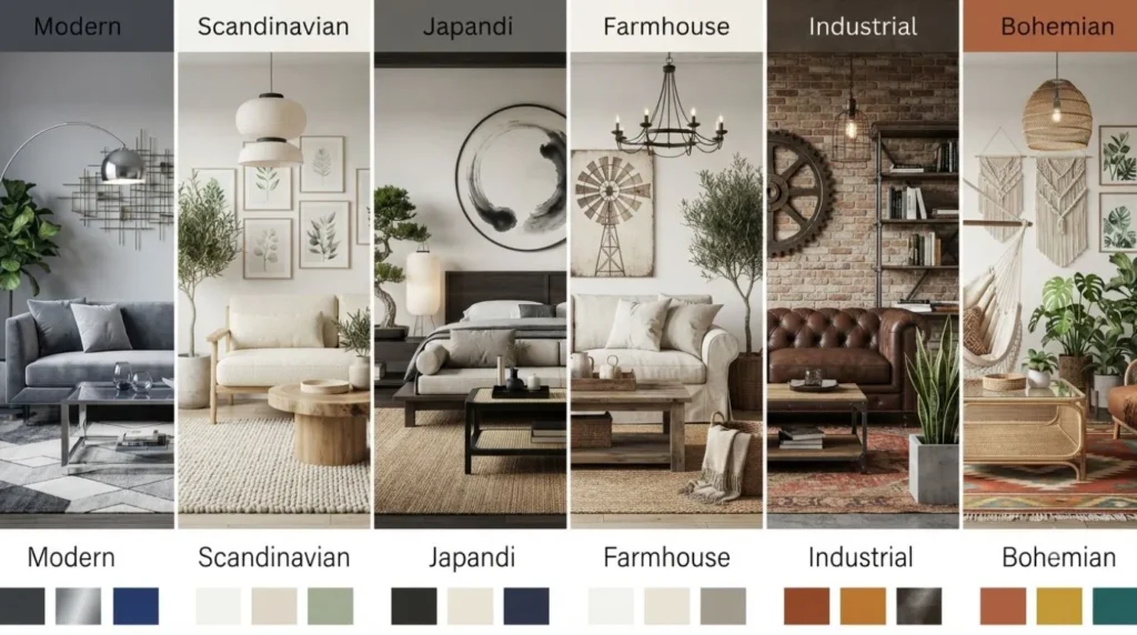 Comparison of modern, Scandinavian, Japandi, farmhouse, industrial, and bohemian home decor styles for choosing the right home decor items