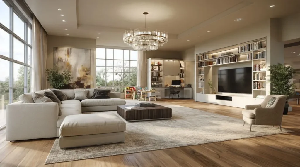 Large open-concept living room with oversized rug, statement chandelier, and stylish seating.