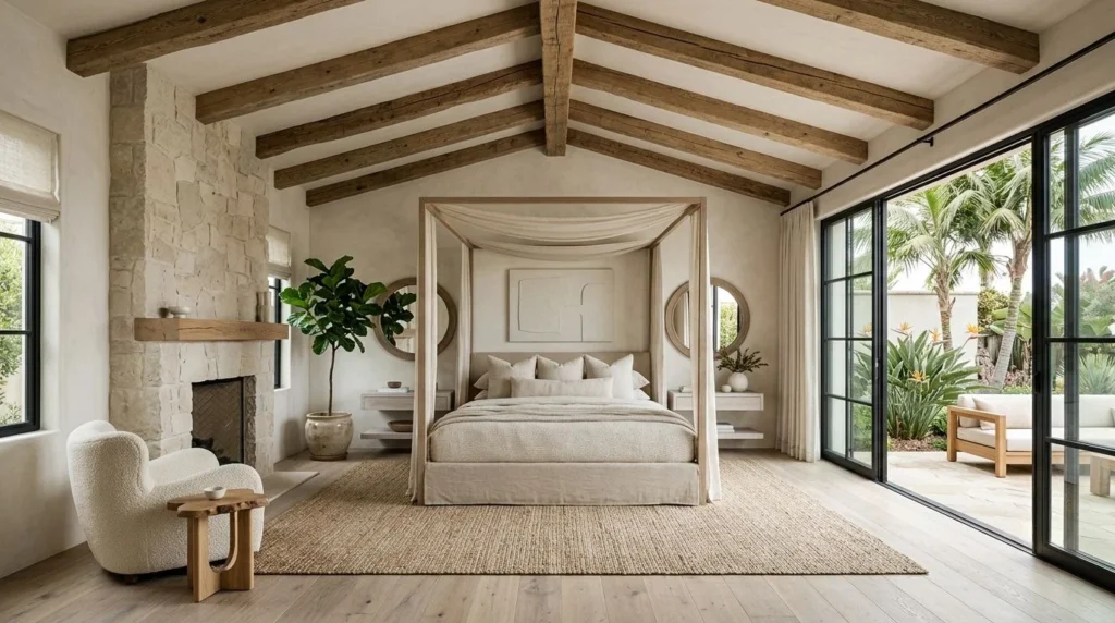 Trending organic modern bedroom with natural textures, vaulted ceilings, and luxury coastal design.