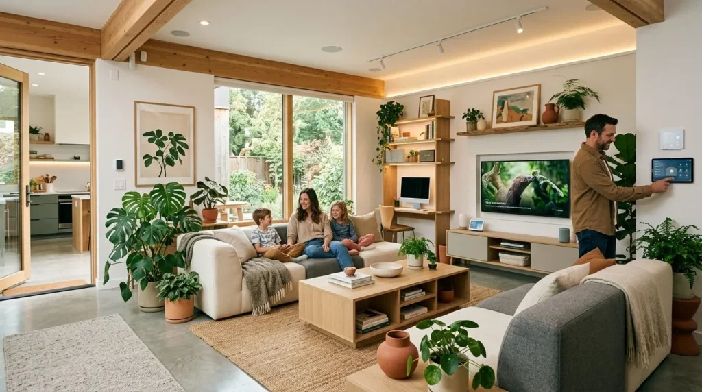 Modern American family room showcasing sustainable and smart home decor trends.