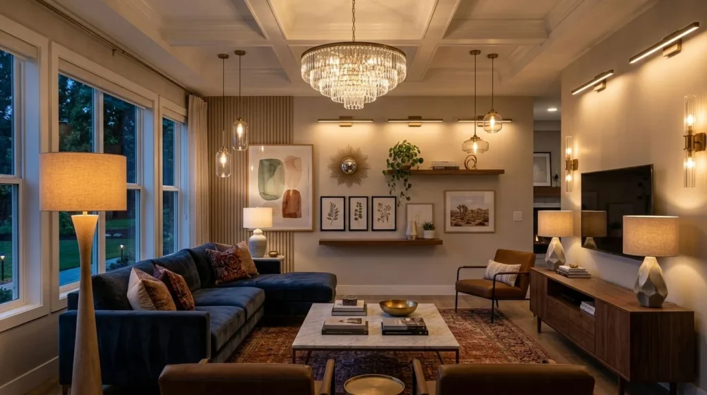 Layered lighting ideas for cozy living room decoration.