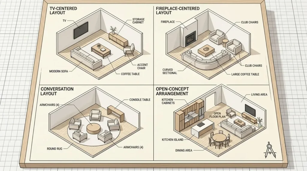 Living room furniture layout ideas for better space planning.